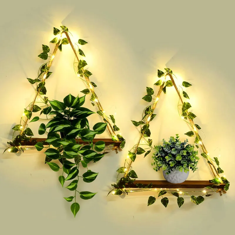Artificial Ivy LED-Strip Macrame Hanging Shelf